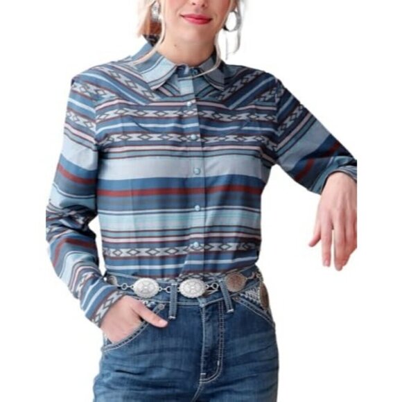Cruel Denim Women's XL Long Sleeve Aztec Stripe Print Snap Western Shirt Navy Bl - Picture 1 of 5